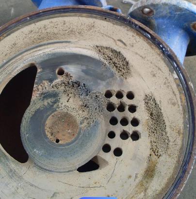 Rust from pumps corroded by cavitation