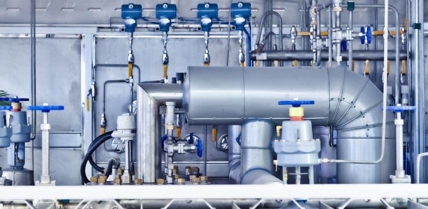 Complex skid-mounted pump equipment piping layout in industrial fluid transfer systems